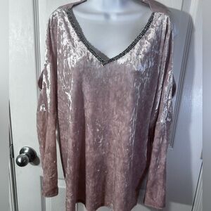 Juicy Couture Blush Velvet Blouse with Embellished V-Neck and Cold Shoulders